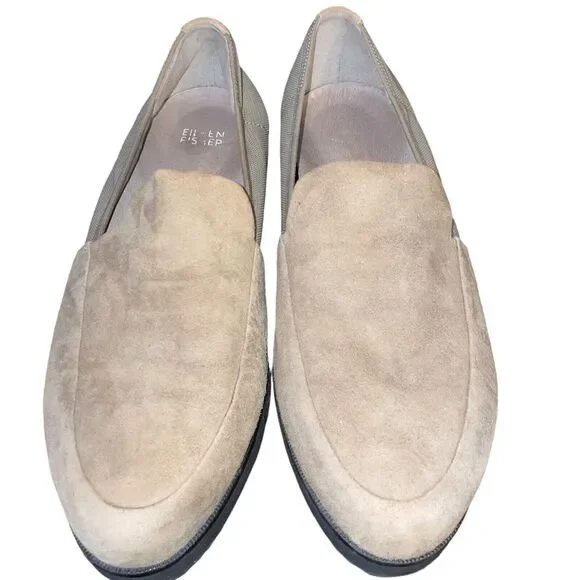 Eileen Fisher 9.5 Dell Suede and Mesh Platform Slip-On Taupe Loafers - Picture 3 of 6
